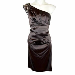 SUZI CHIN Maggy Boutique Cinch‎ Sheath Formal One Shoulder Dress Womens 12 Brown